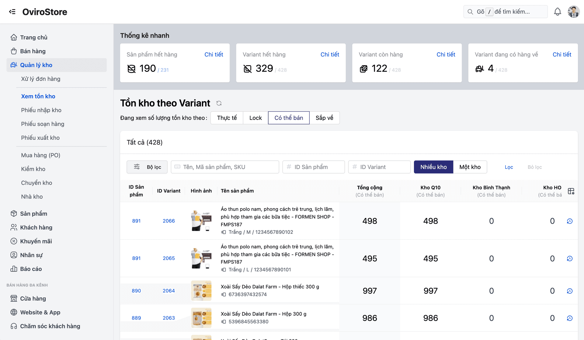 Giao diện tổng quan tồn kho đa kho