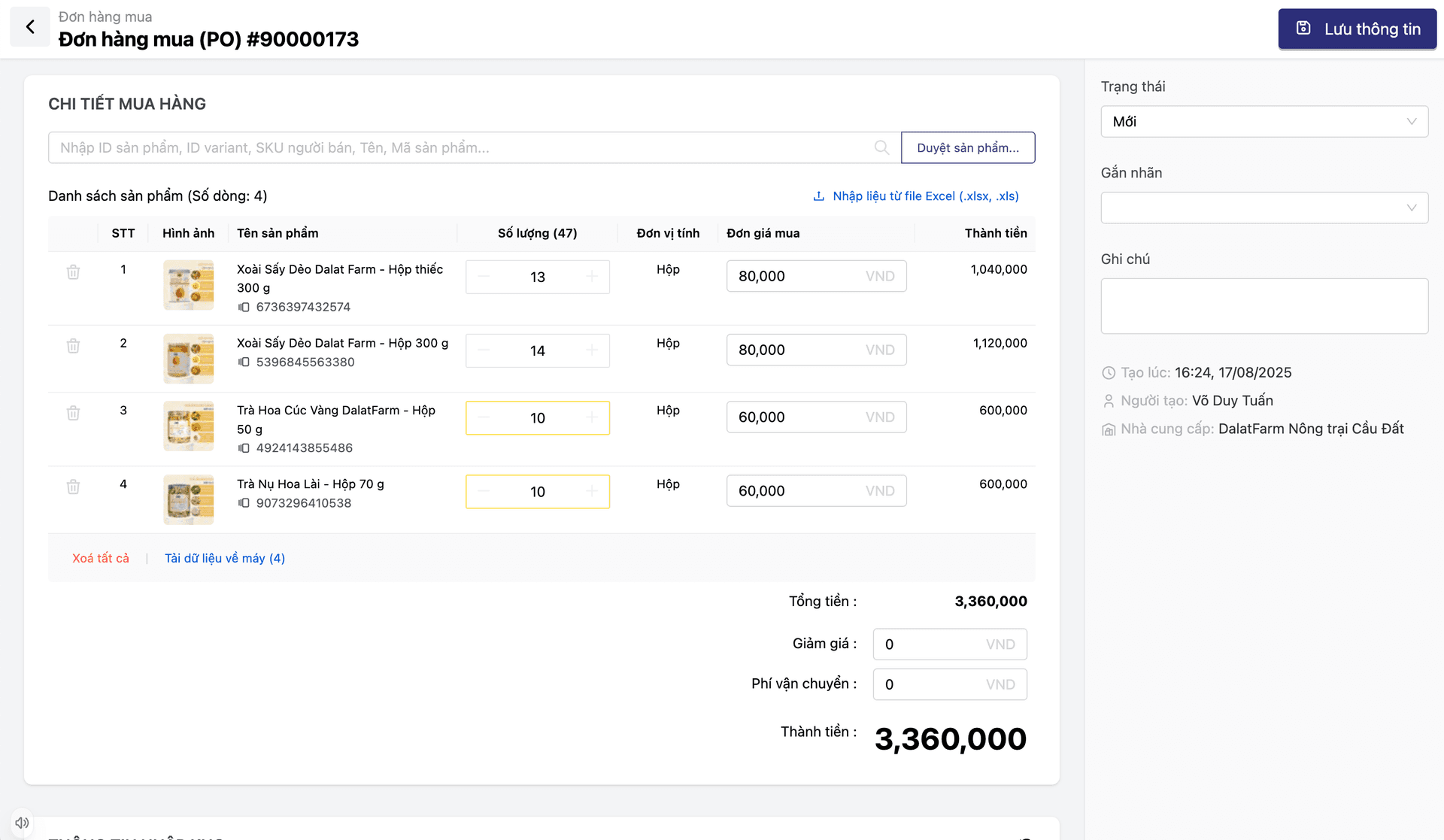 Giao diện chi tiết Đơn đặt hàng