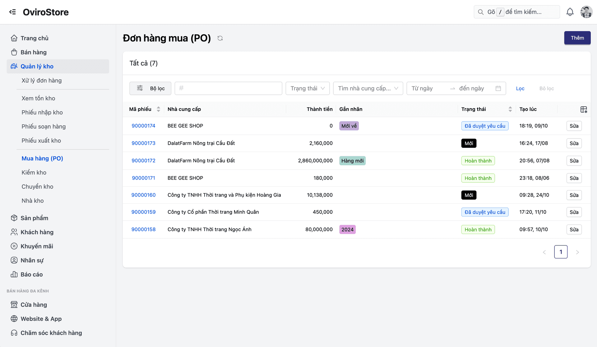 Giao diện danh sách Đơn đặt hàng