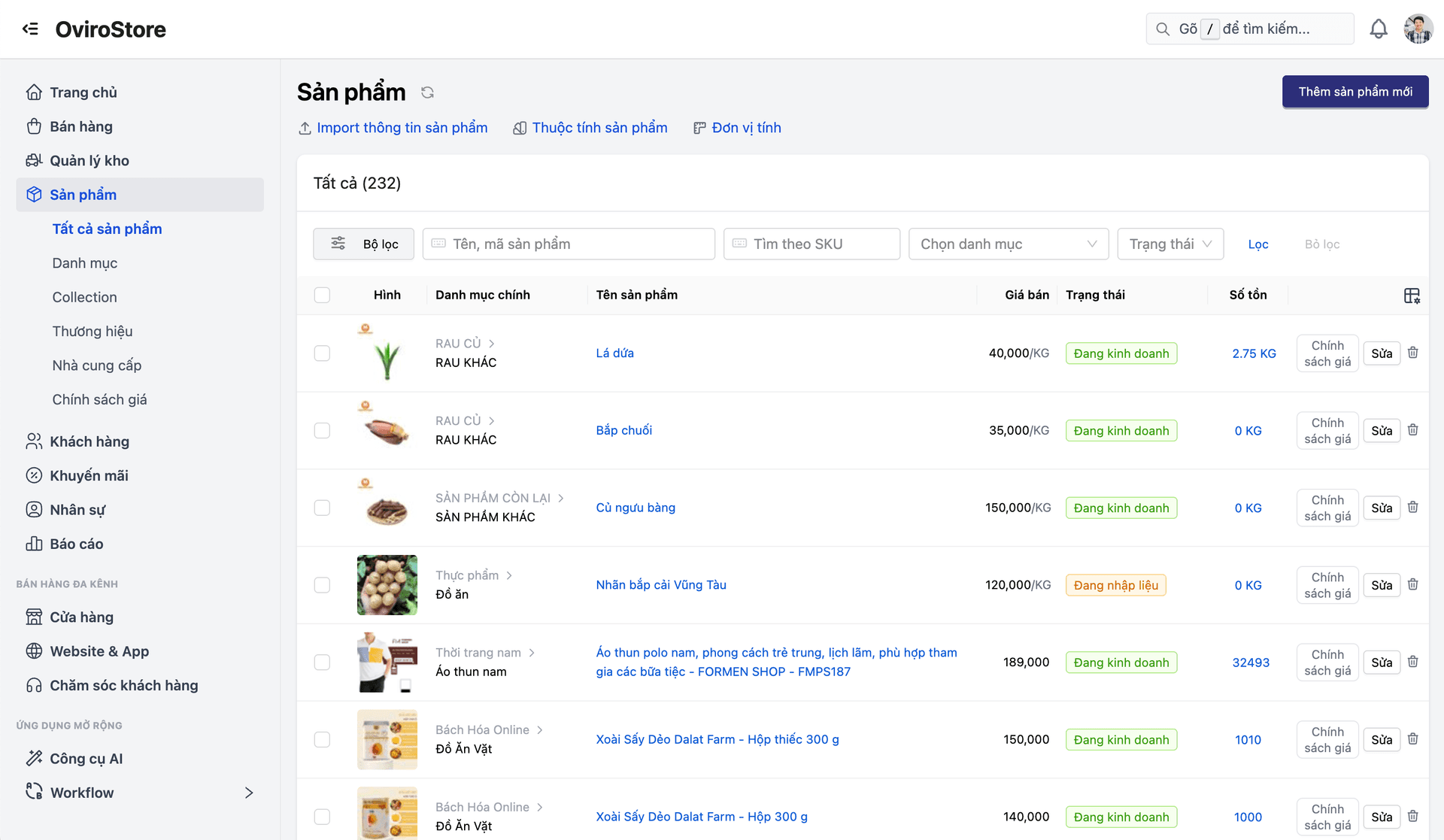 Giao diện quản lý sản phẩm