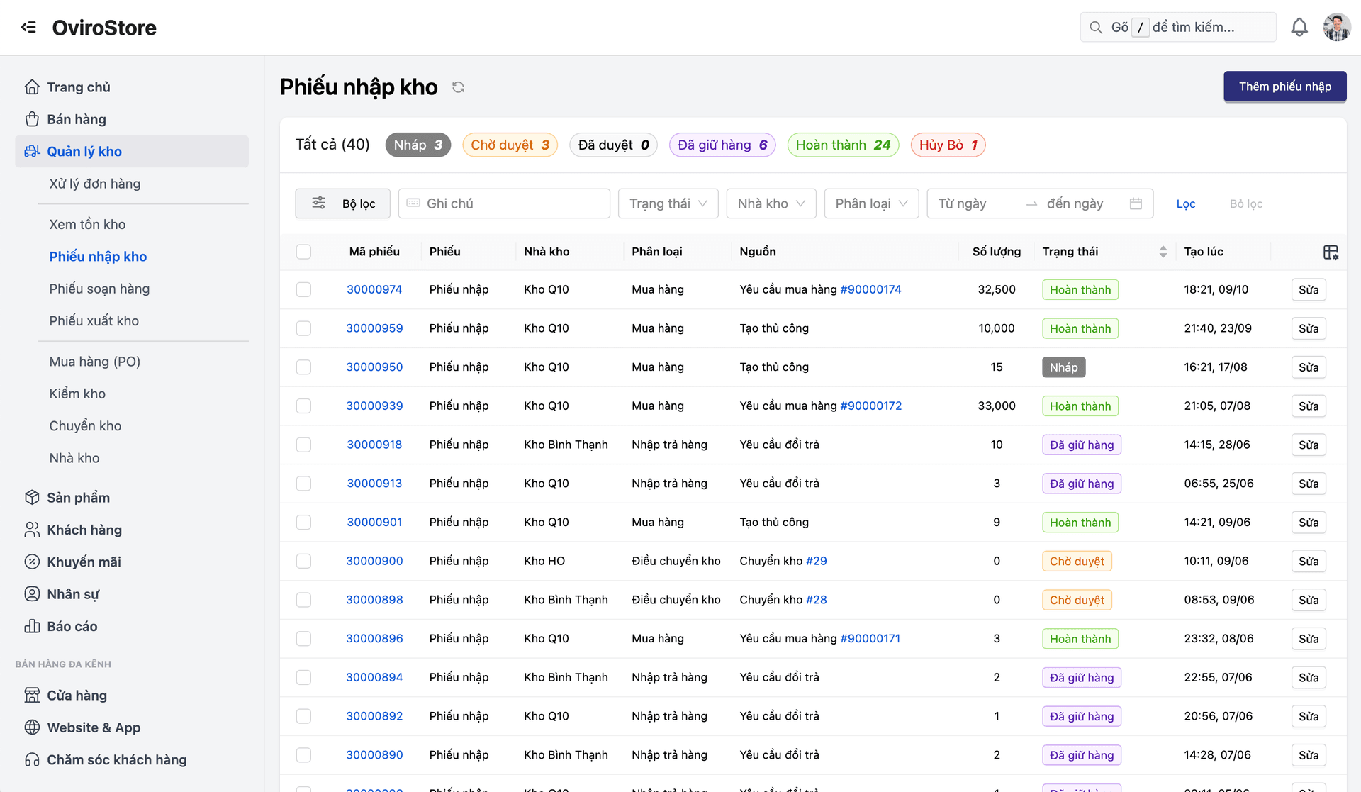 Receiving slip list interface