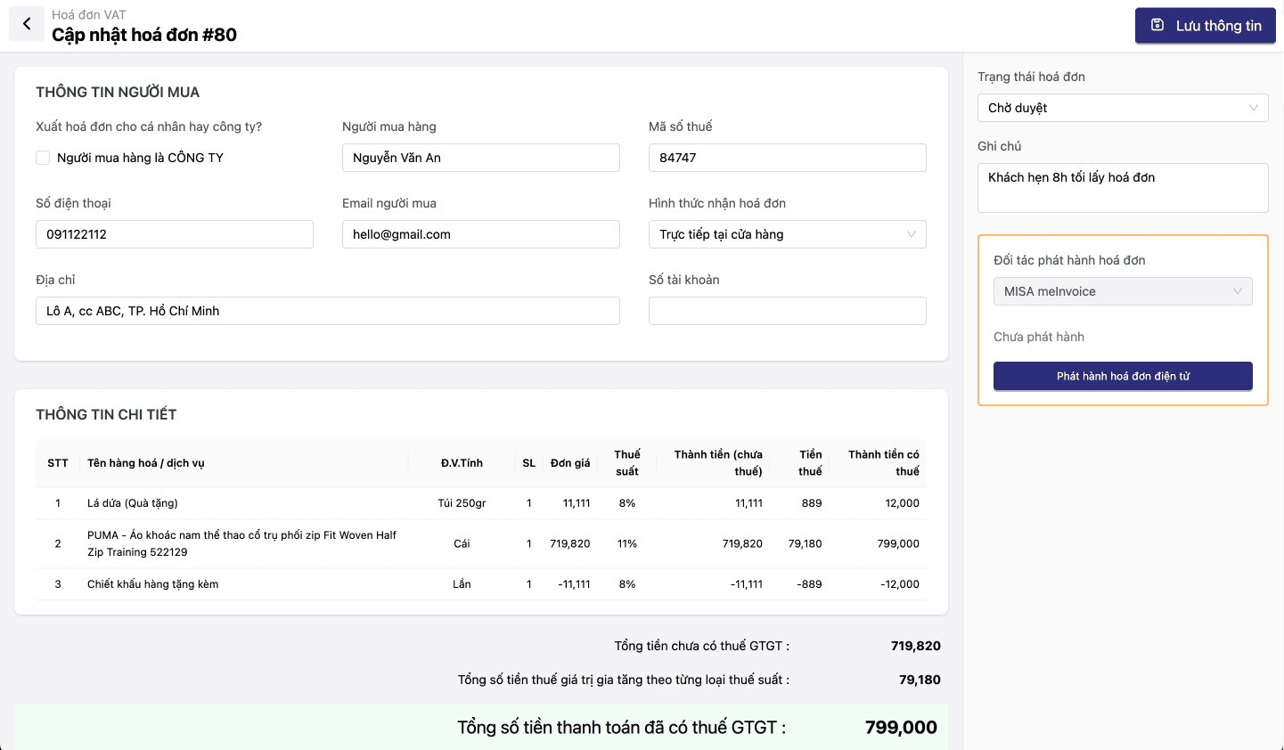 Giao diện phát hành hoá đơn điện tử