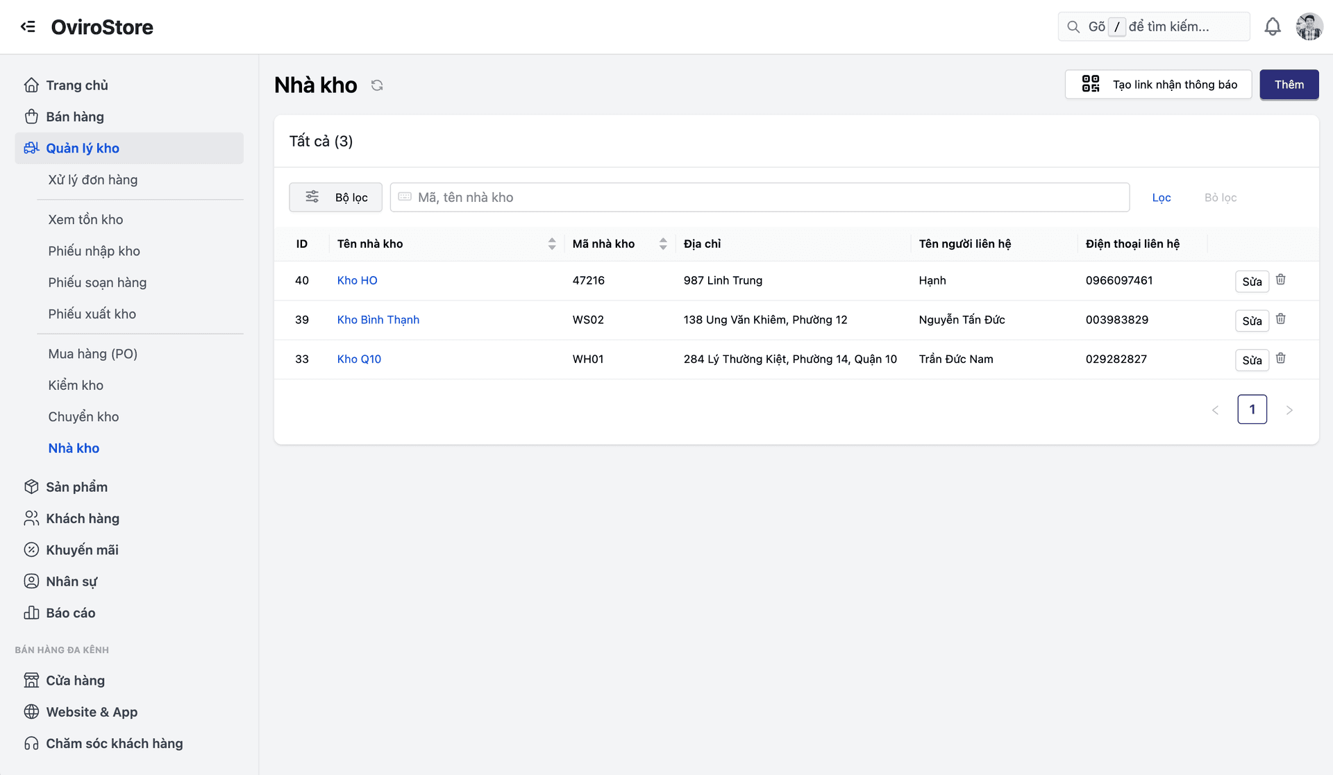 Giao diện quản lý danh sách kho hàng